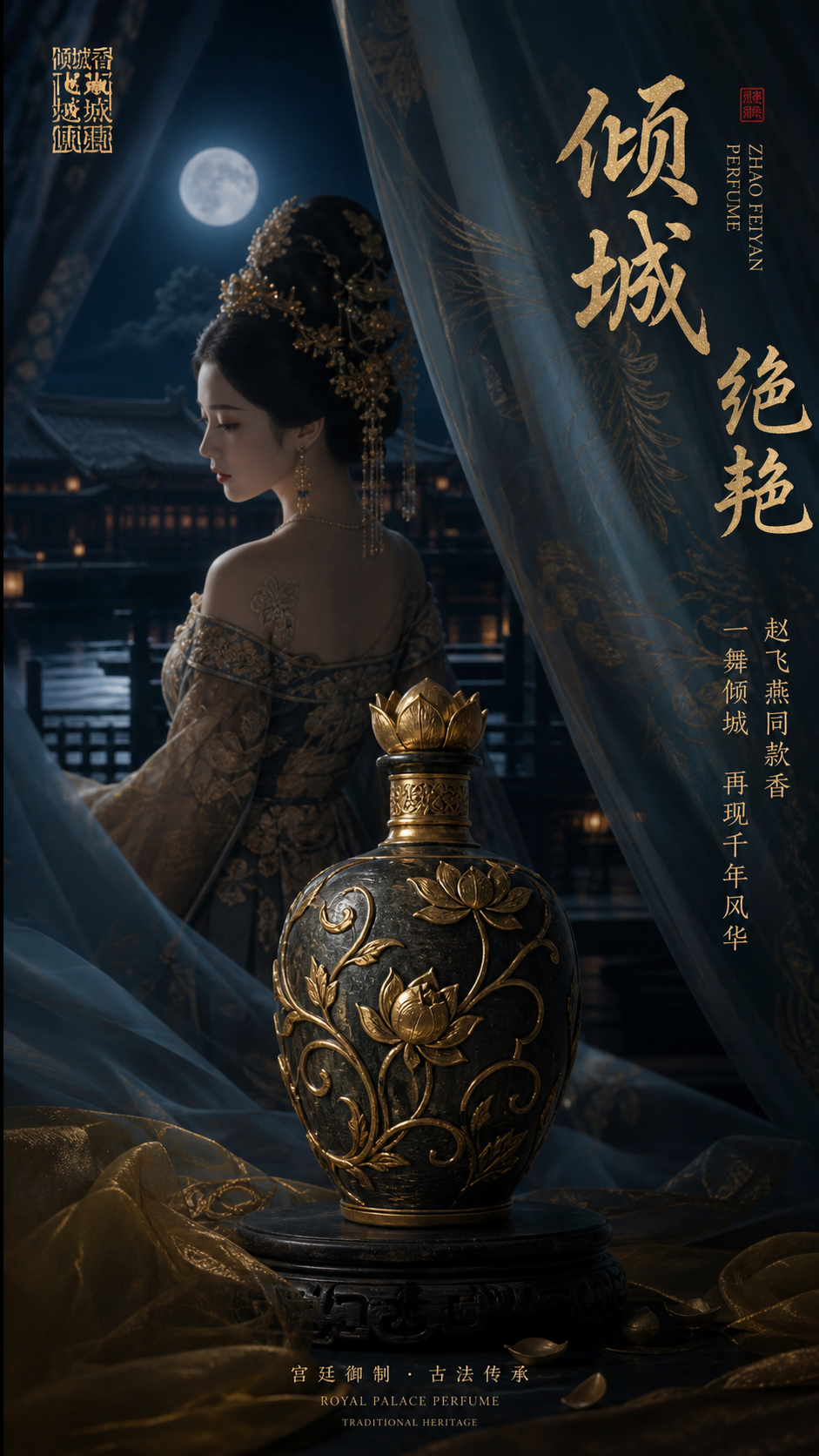 这条 prompt 通过结合中国传统文化元素和现代广告设计,创造出一种既古典又时尚的感觉,适合用于高端香水品牌的中文市场推广。