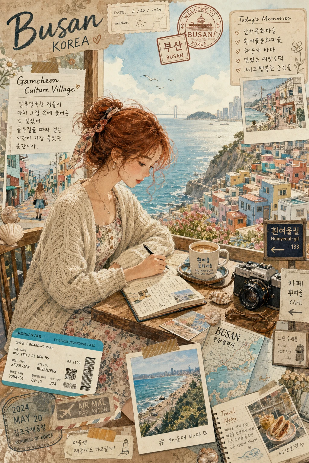 这句话描述了一个充满细节的韩国旅行插画场景,适合用于旅游宣传、旅行纪念品设计或社交媒体分享,能够吸引喜欢复古风格和旅行主题的用户。