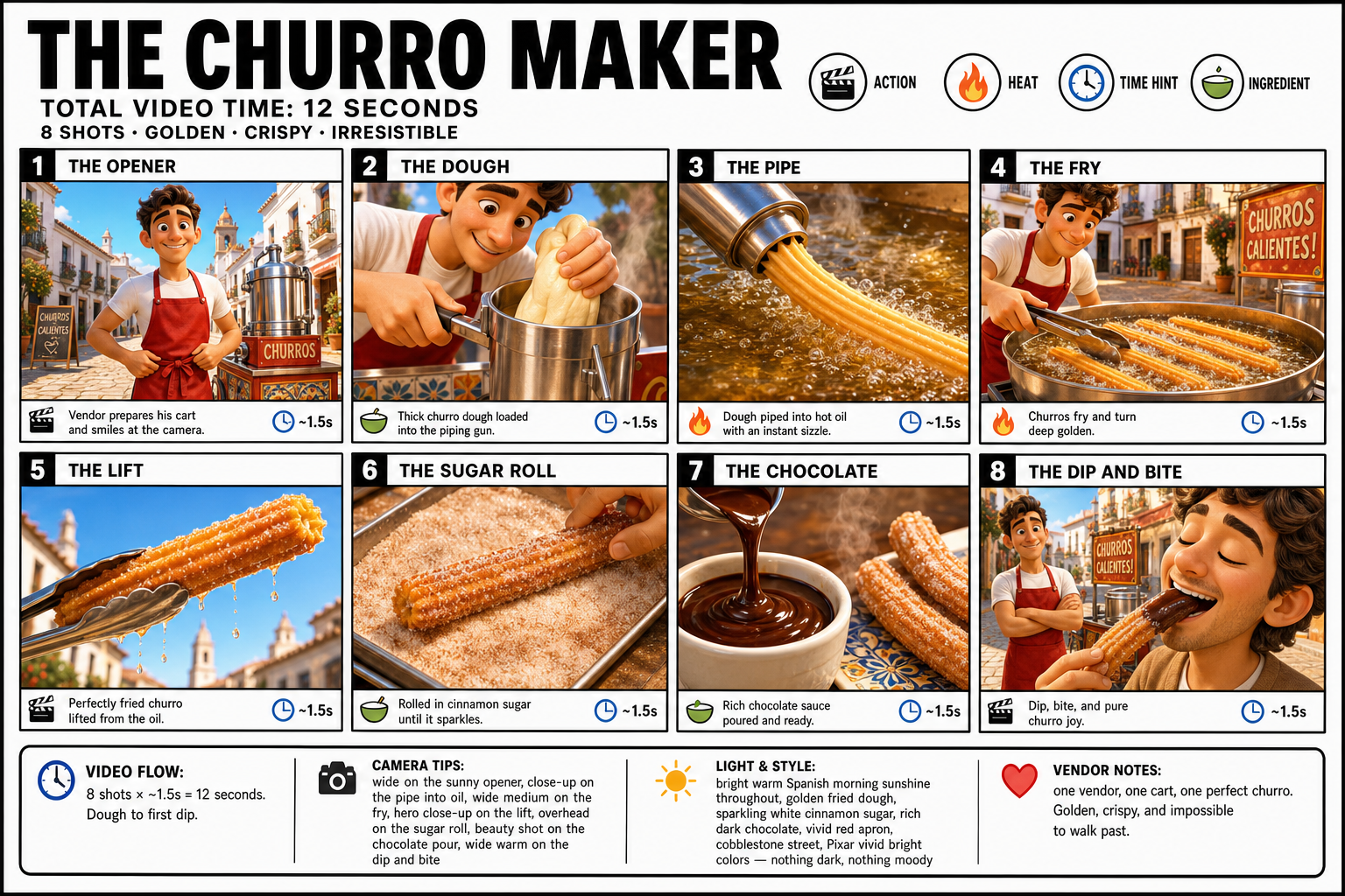 这条 prompt 详细描述了一个制作 churro 的过程,并通过丰富的视觉元素和情感表达,营造出一种明亮、欢快的氛围。适合用于食品营销、品牌宣传等场景,尤其是强调手工制作和街头美食文化的推广活动。