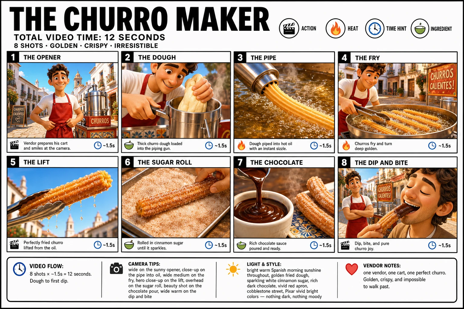 这条 prompt 详细描述了一个制作 churro 的过程,并通过丰富的视觉元素和情感表达,营造出一种明亮、欢快的氛围。适合用于食品营销、品牌宣传等场景,尤其是强调手工制作和街头美食文化的推广活动。