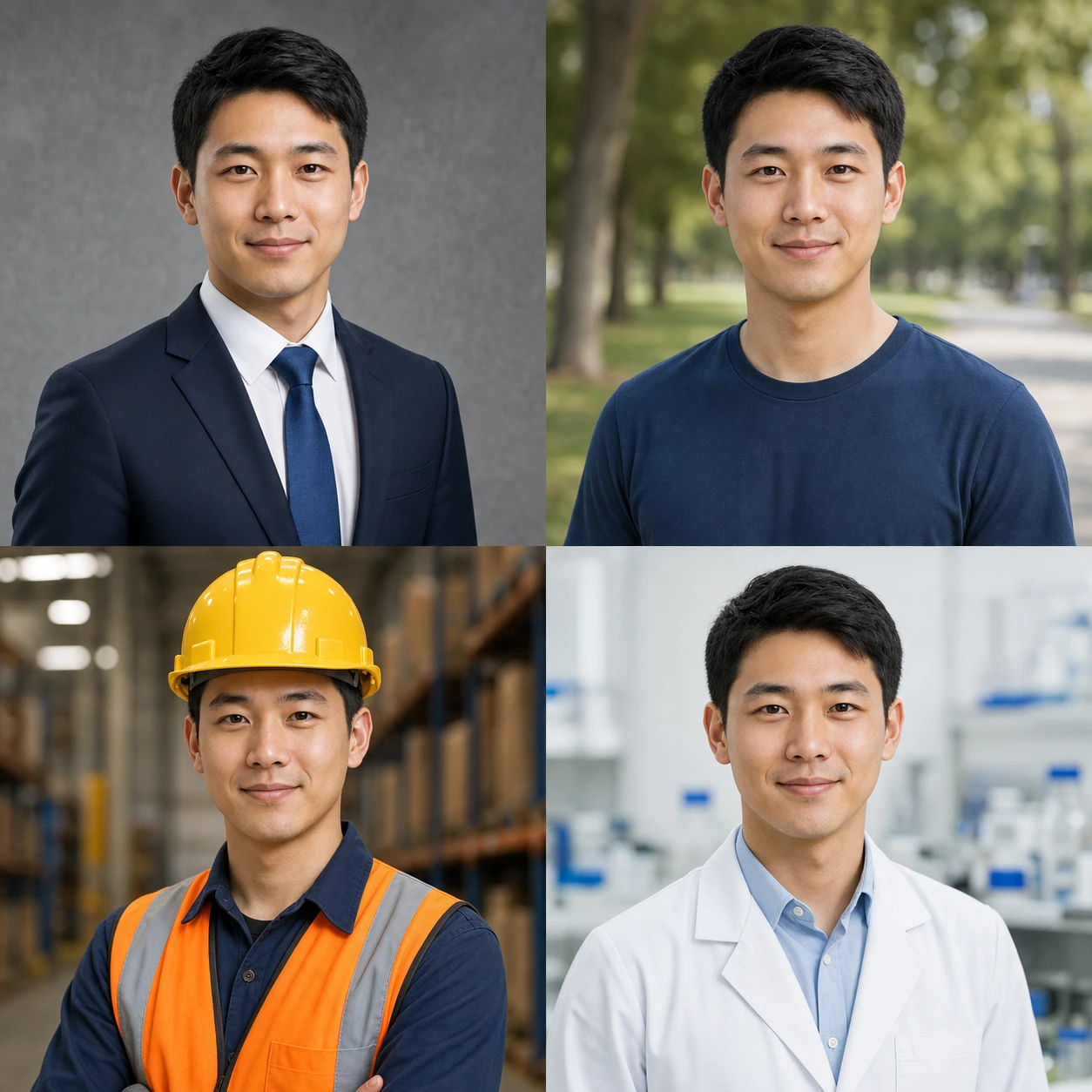 这条提示详细地指定了一个2x2的人物职业肖像网格,适合用于展示不同职业形象的营销场景,例如个人品牌宣传或职业多样性展示。