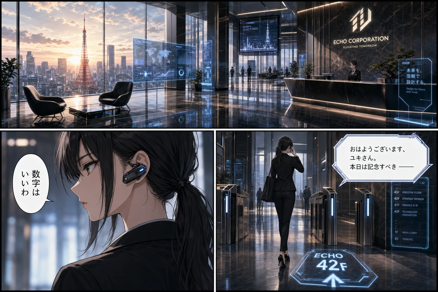 一句话解读:这条 prompt 详细描述了一个具有未来科技感的企业场景,并通过对话和动作展现了角色与 AI 的互动,适合用于科幻类或高科技企业的中文营销场景。
