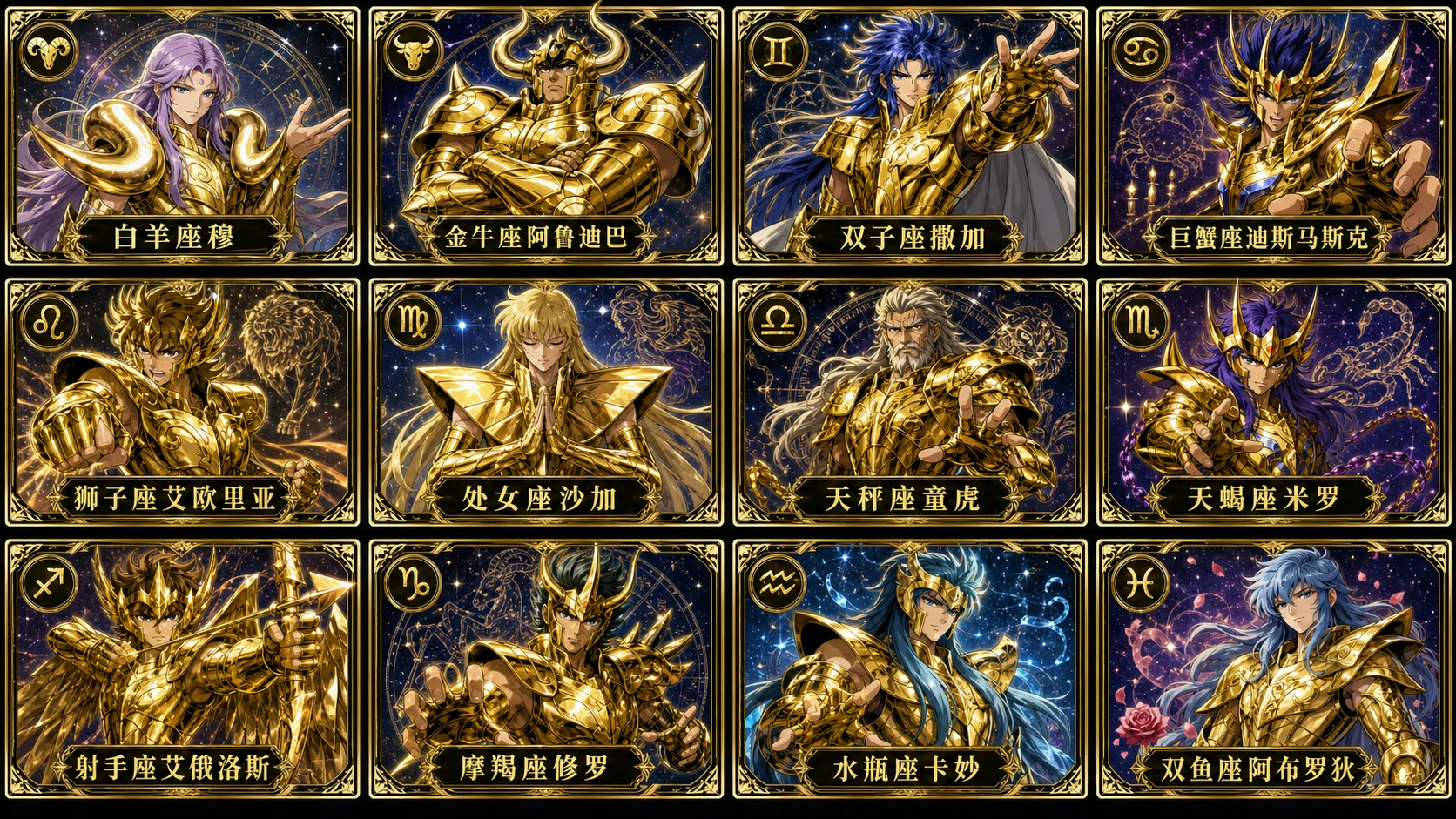 这条 prompt 明确指定了需要生成的内容(圣斗士星矢12个黄金圣斗士的卡牌)、布局(12宫格、每行4个)和尺寸(宽高比16:9),适合用于制作动漫相关的宣传物料或收藏品展示。
