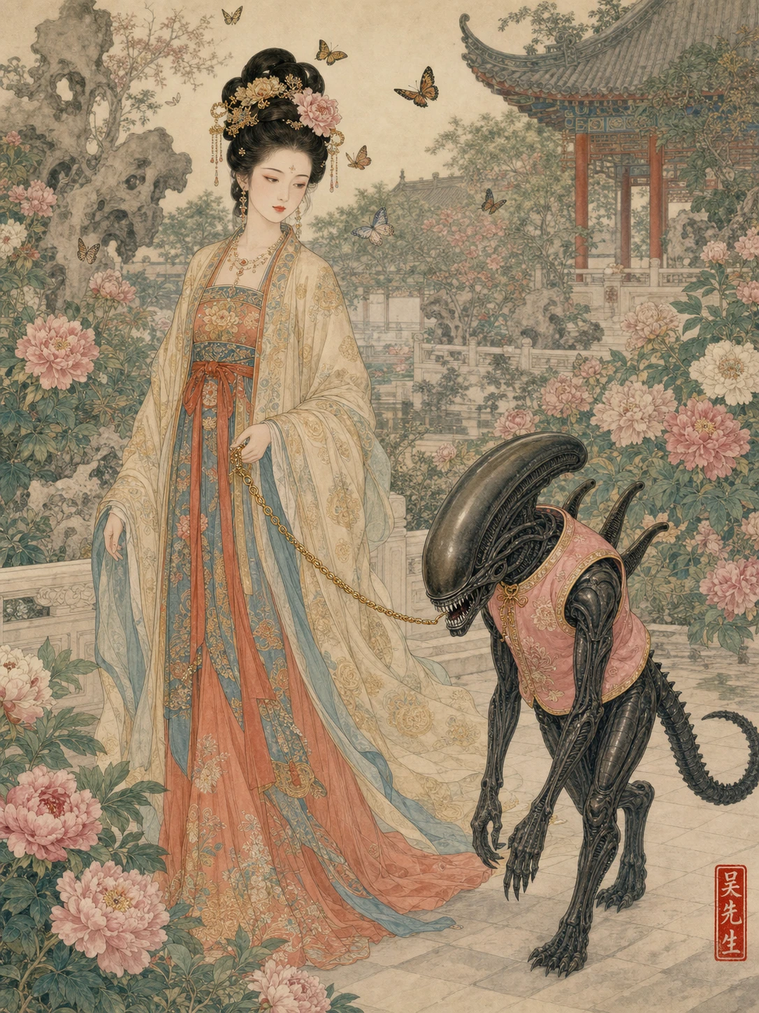 这条 prompt 通过将传统中国元素与现代科幻元素结合,创造出一种独特的视觉冲击力,适合用于创意广告或艺术展览等营销场景。