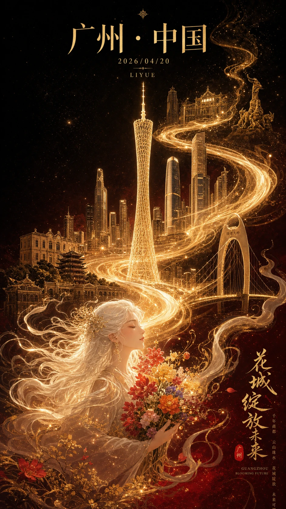 这条 prompt 详细描述了一个充满东方幻想风格的城市海报设计,适合用于展示广州的城市魅力和文化特色,适用于旅游宣传、城市形象推广等中文营销场景。