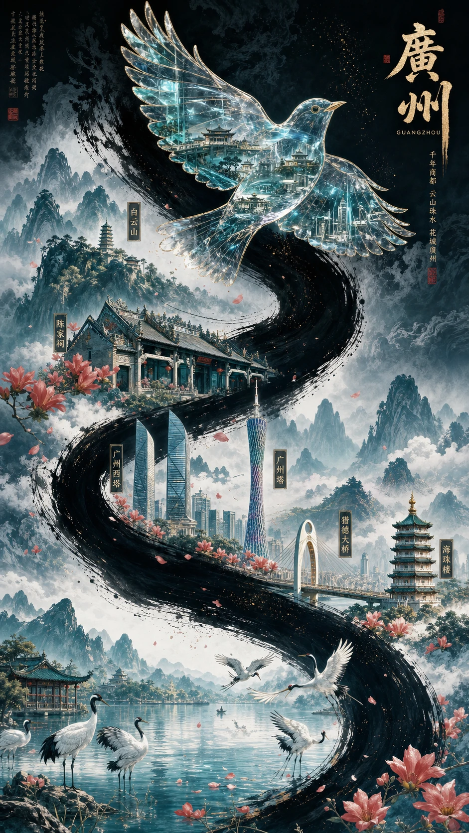 这条 prompt 详细描述了一幅融合了中国传统元素和现代意象的艺术作品,通过精细的构图和色彩运用,创造出一种超现实的诗意意境。适合用于高端艺术展览、文化宣传或品牌推广等需要展现深厚文化底蕴和现代审美结合的中文营销场景。