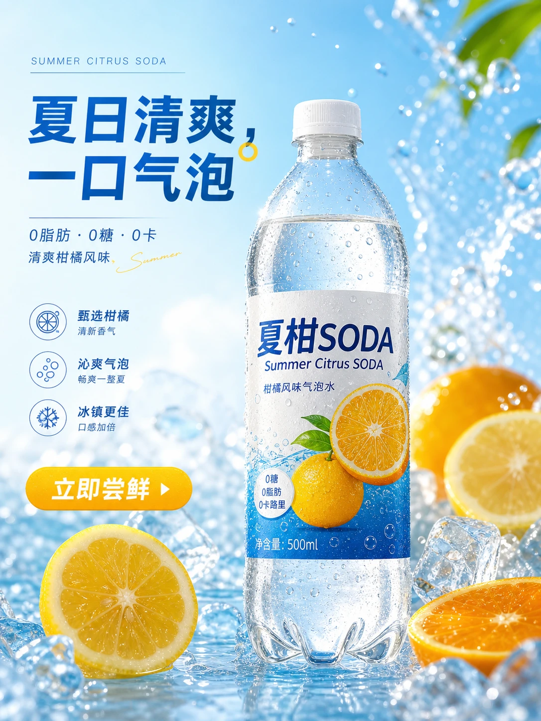 这条 prompt 详细指定了产品和设计需求,适用于夏季促销活动或新产品发布,能够吸引目标消费者的注意力。