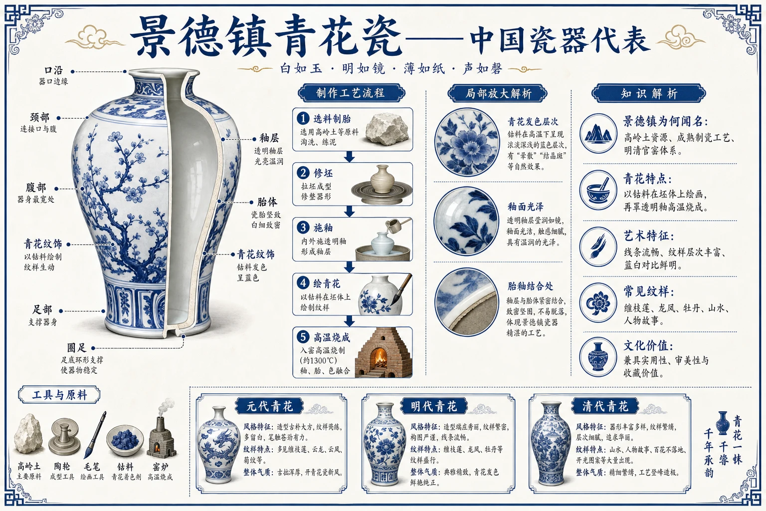 这条 prompt 好在它明确要求了具体的视觉内容(景德镇青花瓷的详细解说图)和文字内容(详细的中文知识解析),适合用于教育或文化推广类的中文营销场景。