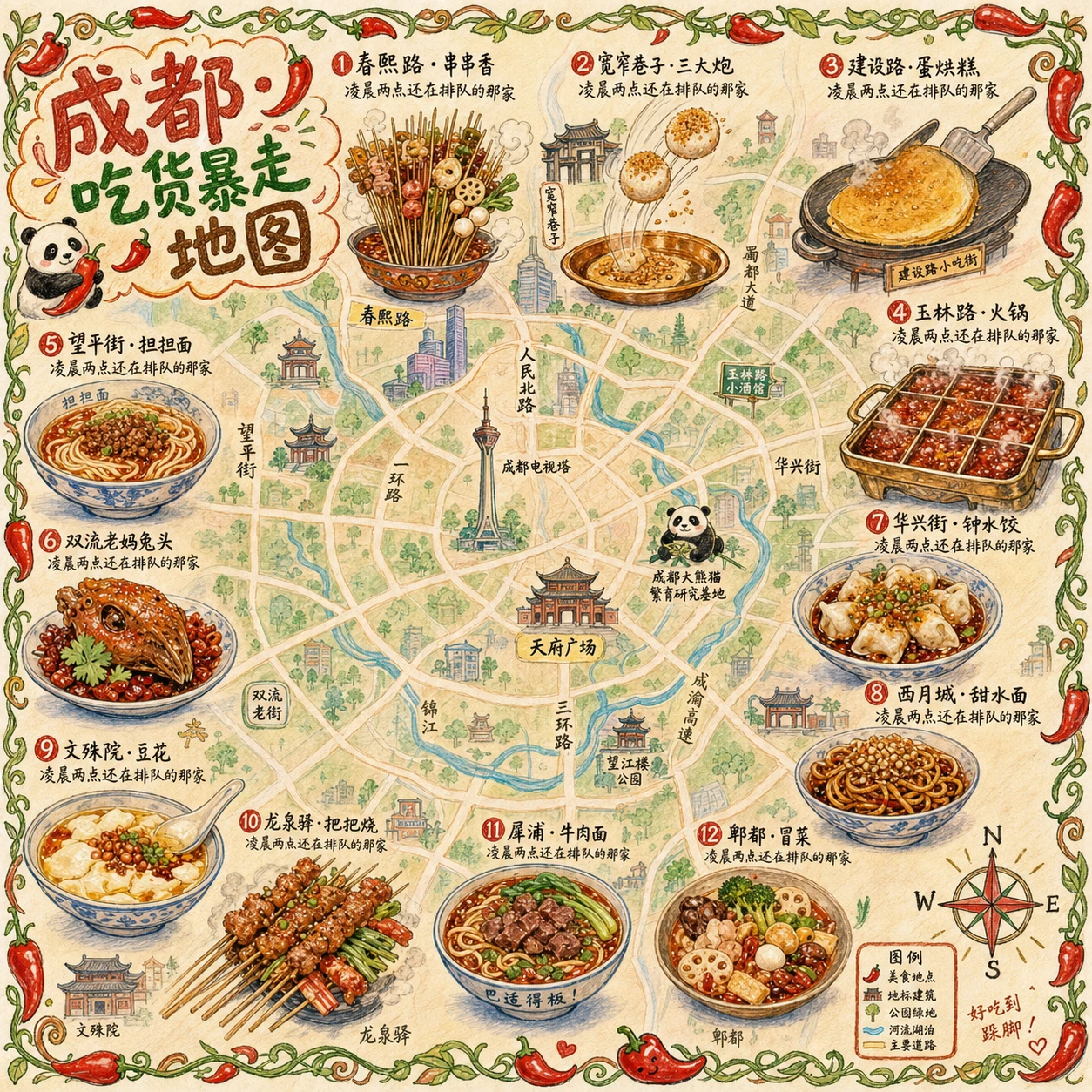 这条 prompt 描述了一个详细的、具有地方特色的手绘美食地图,适合用于旅游推广或餐饮业的营销活动,能够吸引对当地美食文化感兴趣的消费者。
