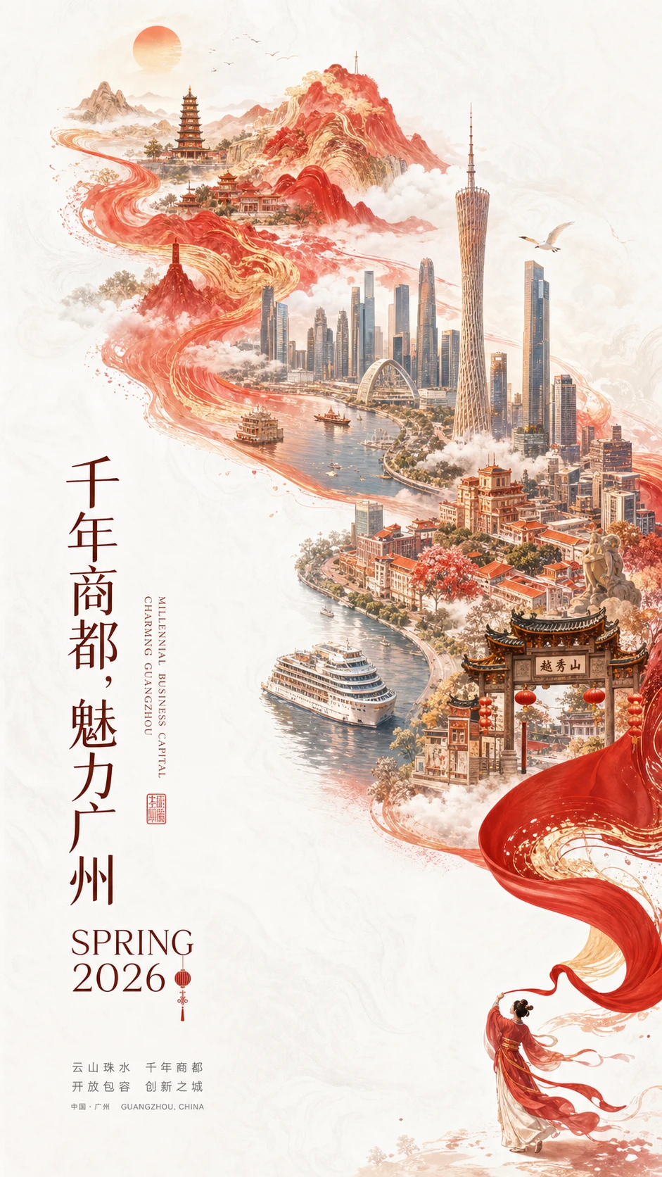 这条 prompt 通过将传统文化元素与现代城市景观结合,创造出既有节日气氛又不失优雅的城市宣传海报,适合用于春节或新年期间的广州城市形象推广活动。