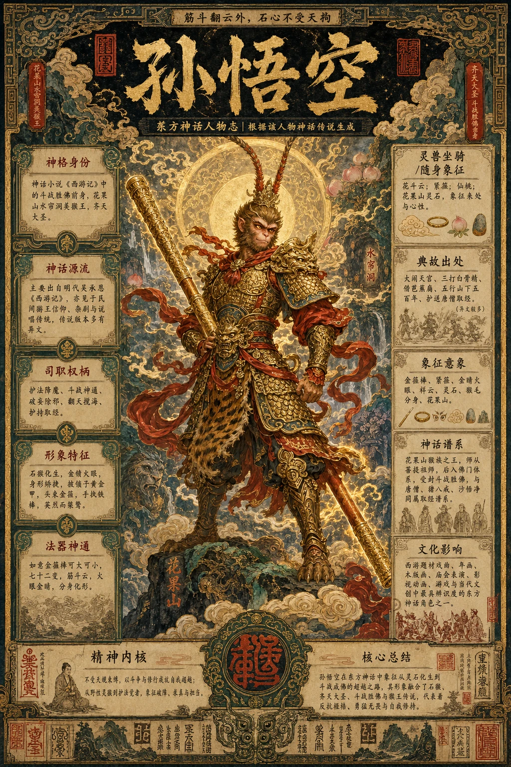 这条 prompt 详细且全面地指导了如何设计一张以孙悟空为主题的东方神话人物海报,适用于需要展示中国传统文化、神话故事的场合,如教育展览、文化宣传、图书插图等。