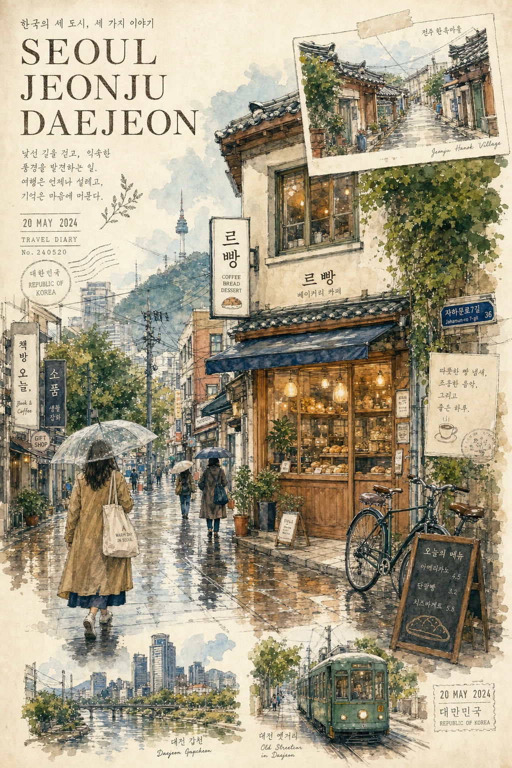这条 prompt 通过详细描述画面中的各种元素,创造了一个宁静而充满生活气息的韩国城市街道场景,适合用于旅游宣传、城市文化推广或艺术印刷品等中文营销场景。