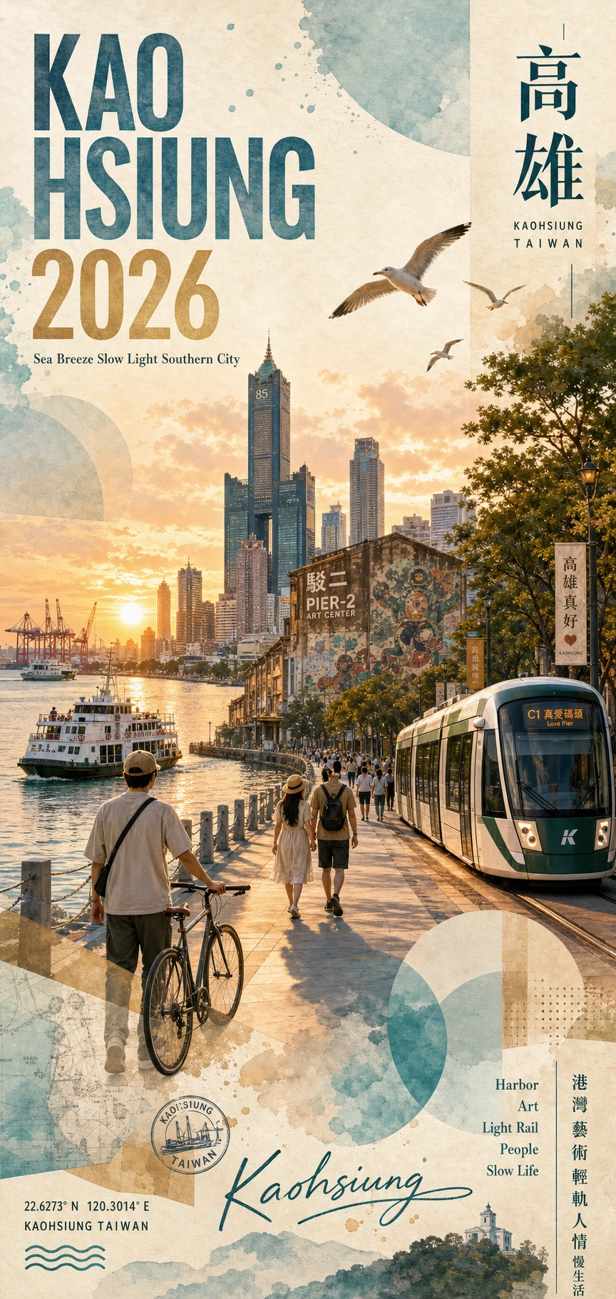 这条 prompt 描述了高雄的一个充满活力但又宁静美丽的旅游场景,适合用于推广高雄作为旅游目的地,特别是面向喜欢文化、艺术和自然风光的游客。
