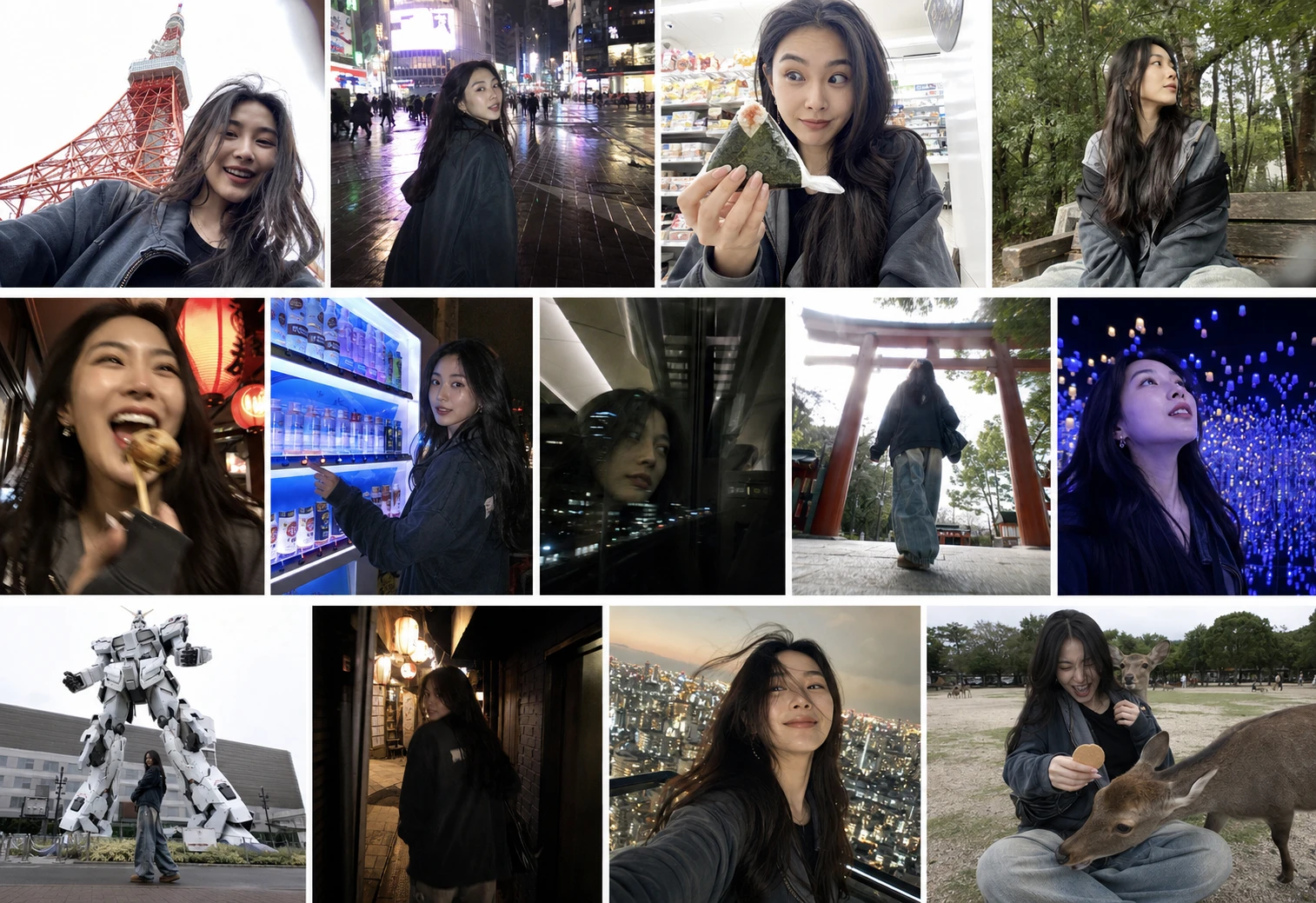 这条 prompt 描述了一个年轻女性旅游博主在东京的多个自然瞬间,通过13格网格拼贴的方式呈现,适合用于旅游博客或社交媒体营销,展示真实、自然且充满活力的旅行体验。