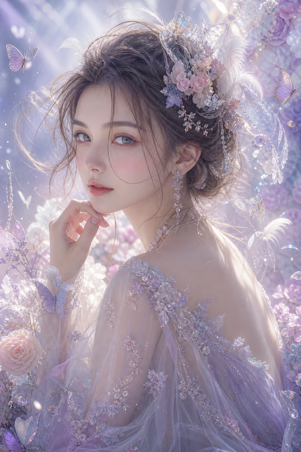 这条 prompt 详细描述了一个超现实且梦幻的女性肖像,适合用于高端美妆或时尚品牌的广告宣传,特别是那些强调梦幻、优雅和细腻美感的产品。